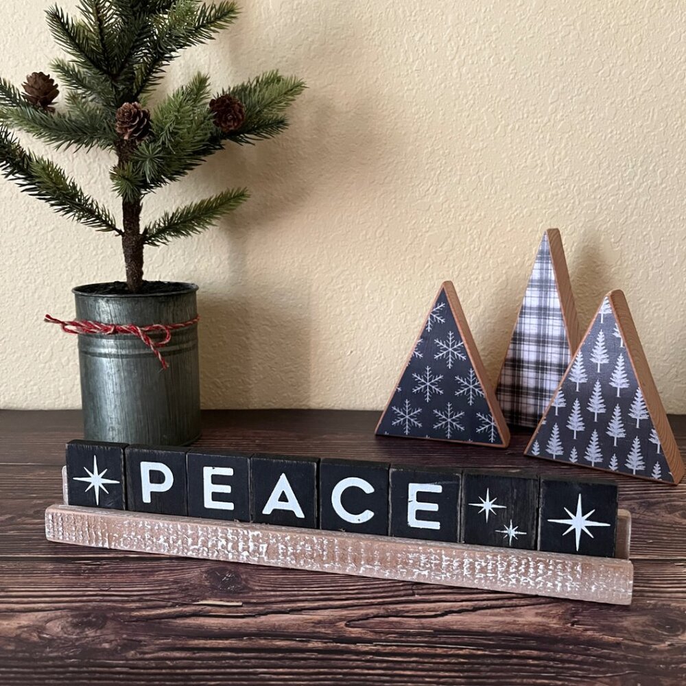 CLEARANCE!Wooden Ledgie Kit - PEACE / 12"x2.5"x1" / Black and White / Christmas